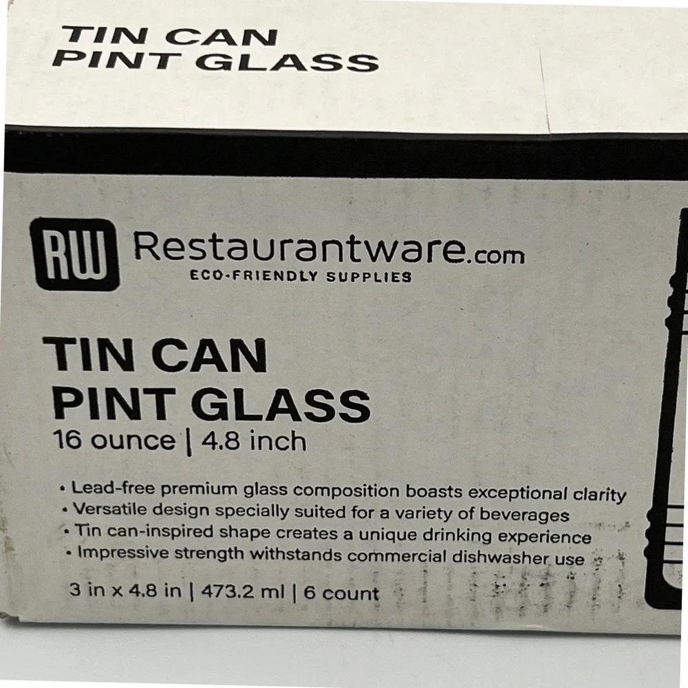 Restaurantware Tin Can Pint Glass Set 6ct 16oz Clear Brand New Ribbed Industrial